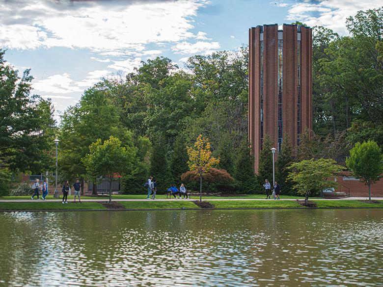 The Eve Chapel overlooking the reflecting pond on the Penn State Altoona campus